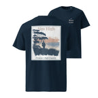 Aim High T-shirt front in French navy: large chest graphic and small The Wild East