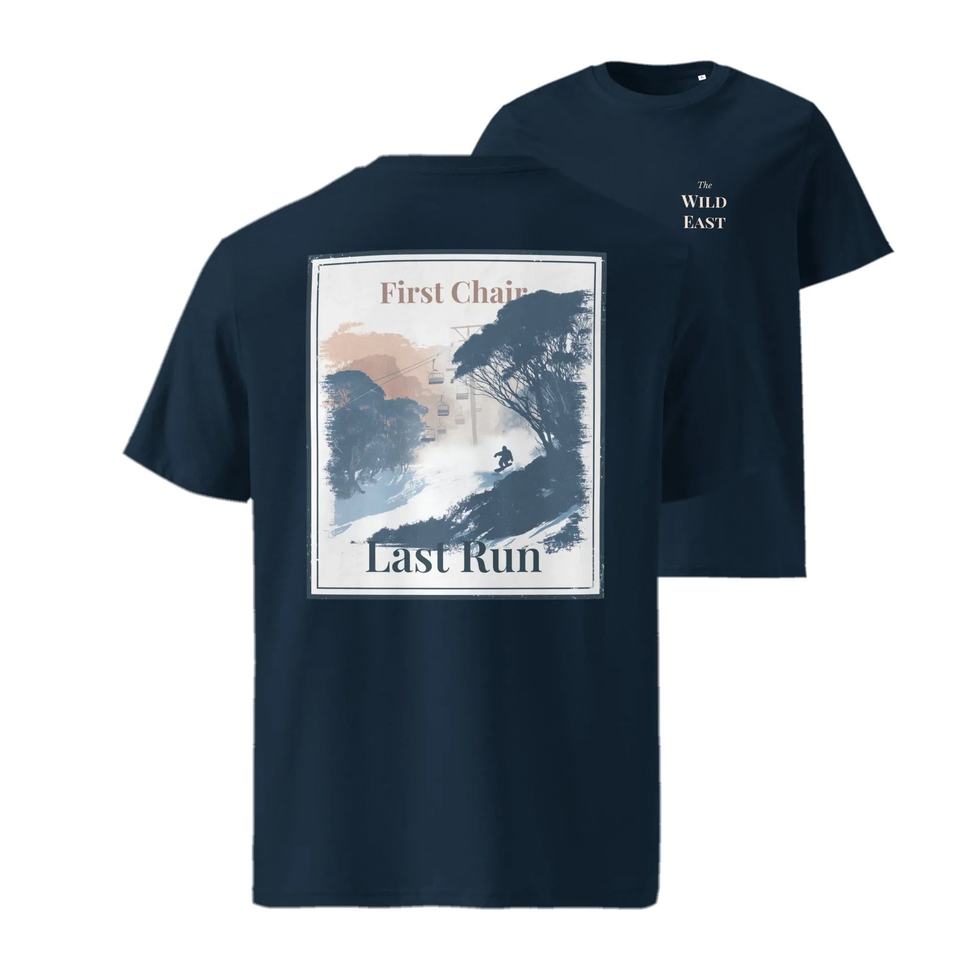 French navy tee with front “First Chair / Last Run” graphic and small chest logo