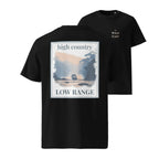 Organic Tee in Black, front print with “high country” and “LOW RANGE”