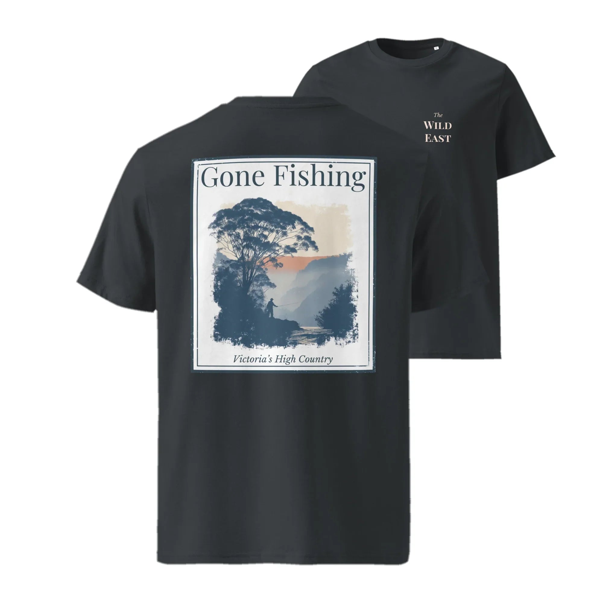 Schwarzes T-Shirt mit „Gone Fishing“-Frontdruck und kleiner „The Wild East“-Schrift