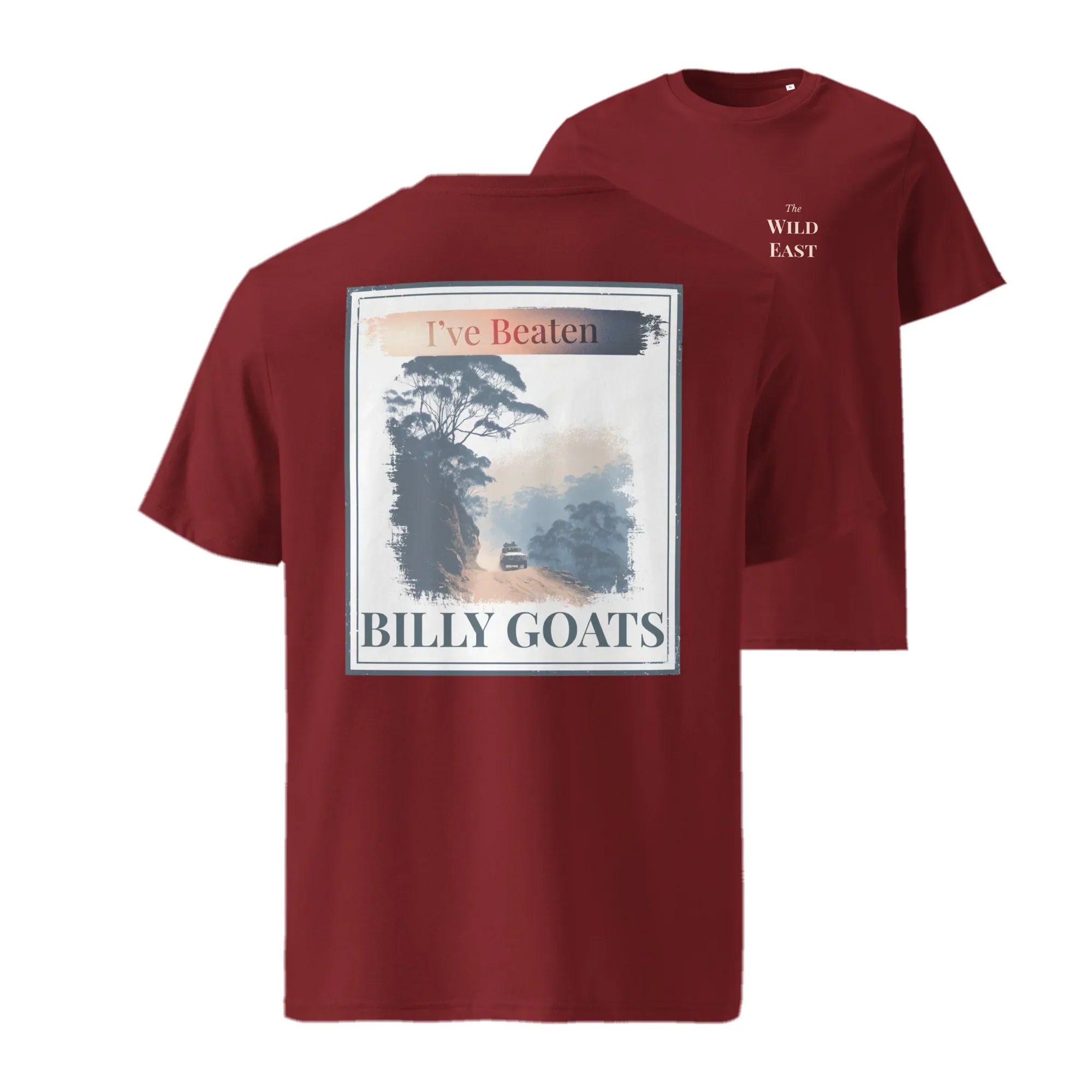 Organic tee front graphic 'I've Beaten Billy Goats' on burgundy