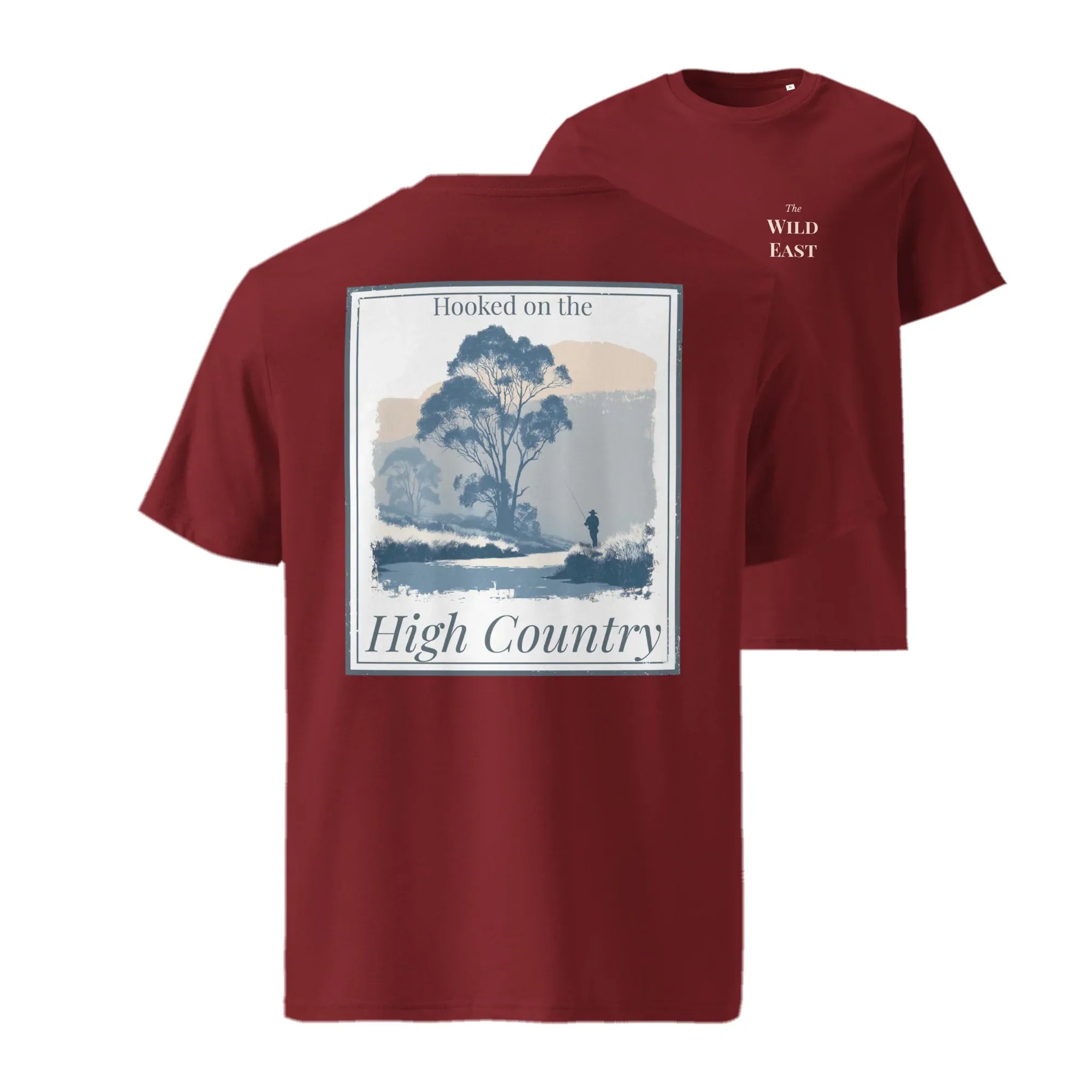 Burgundy organic tee with “High Country” landscape graphic and “The Wild East” text