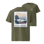 Olive organic tee front with small “The Wild East” text and “FULL SEND!” graphic