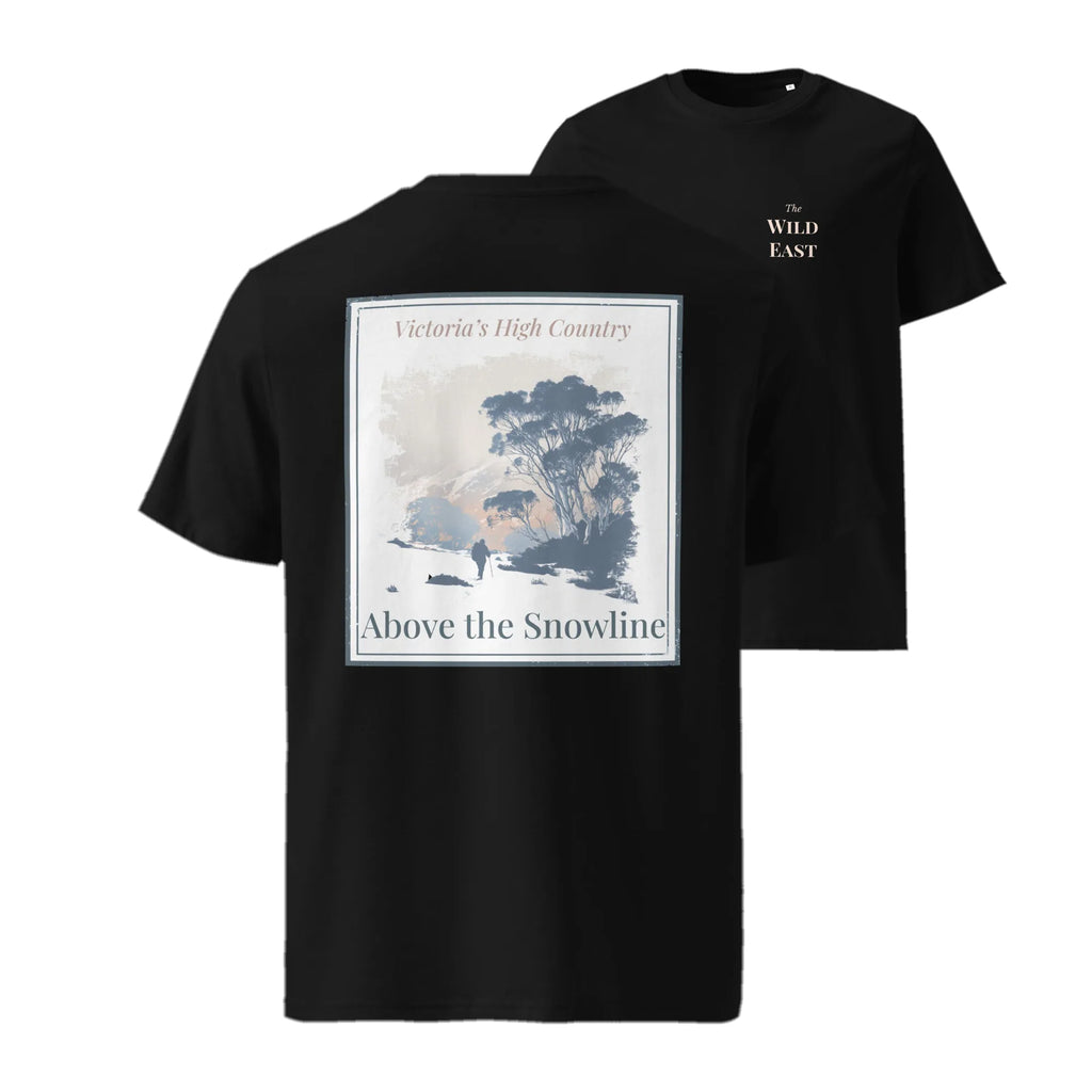 Organic Tee «Above the Snowline» schwarz, Vorderseite mit Landschaftsprint