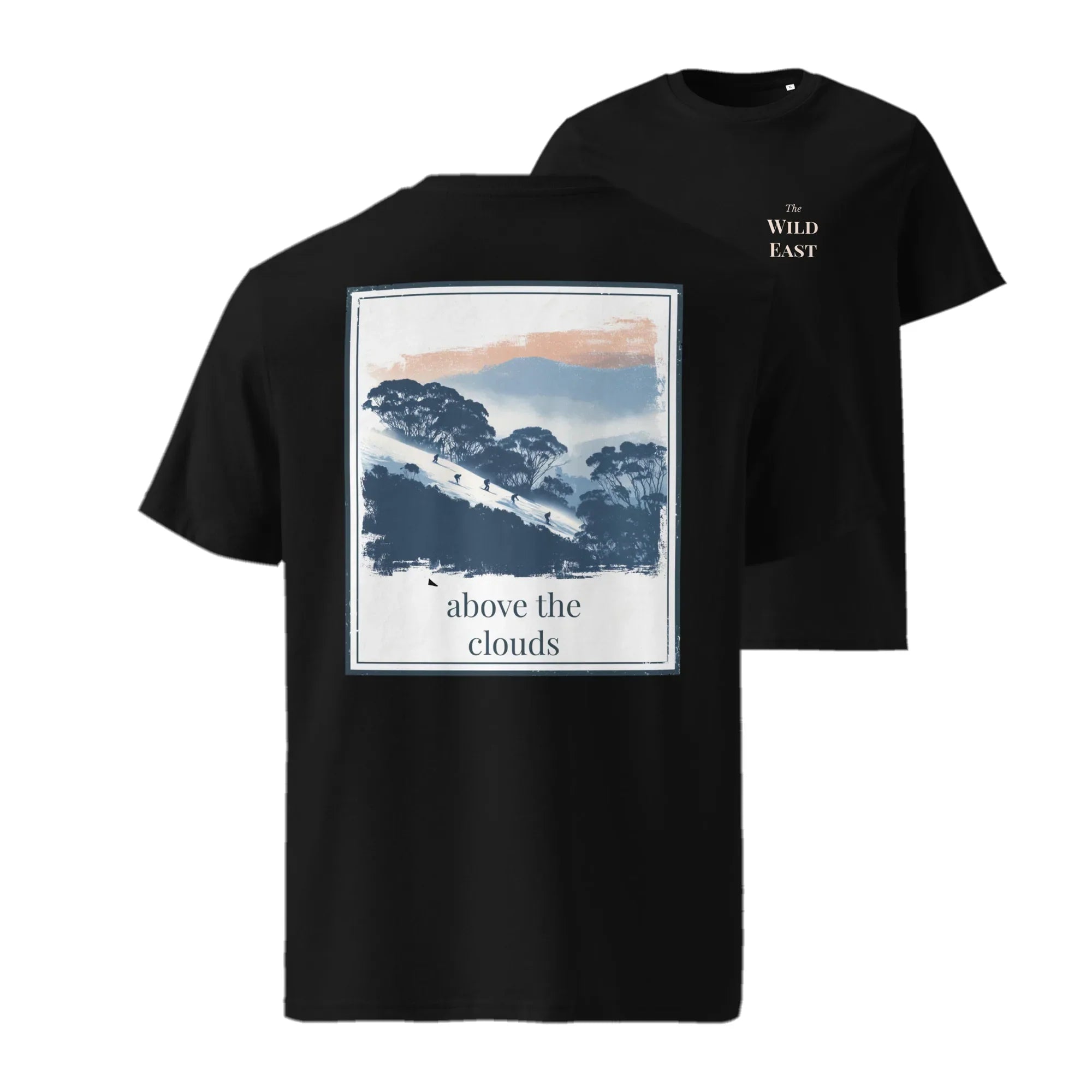 Black organic tee with front square landscape graphic and “The Wild East” logo