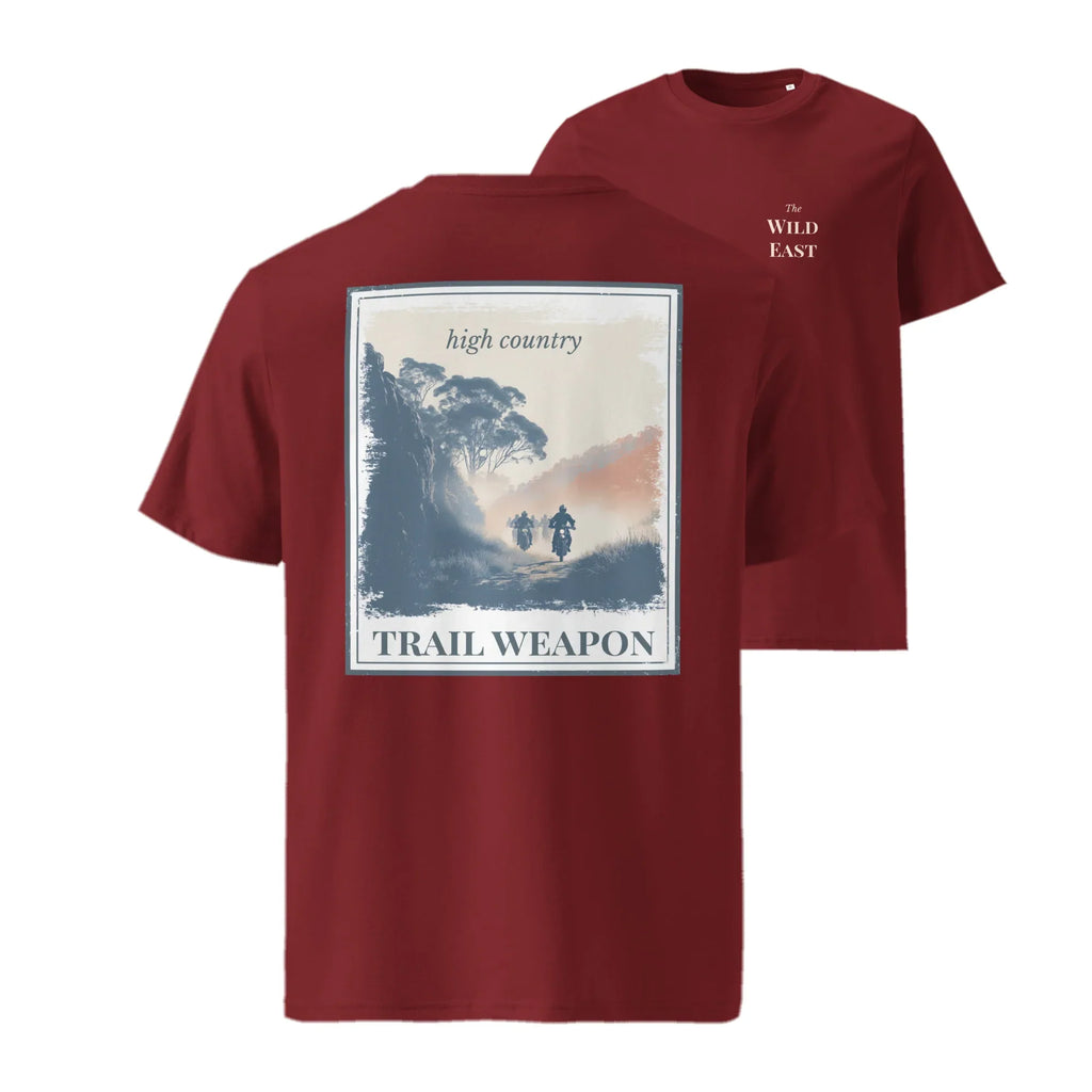 Organic Tee "Trail Weapon" back print, burgundy crew neck