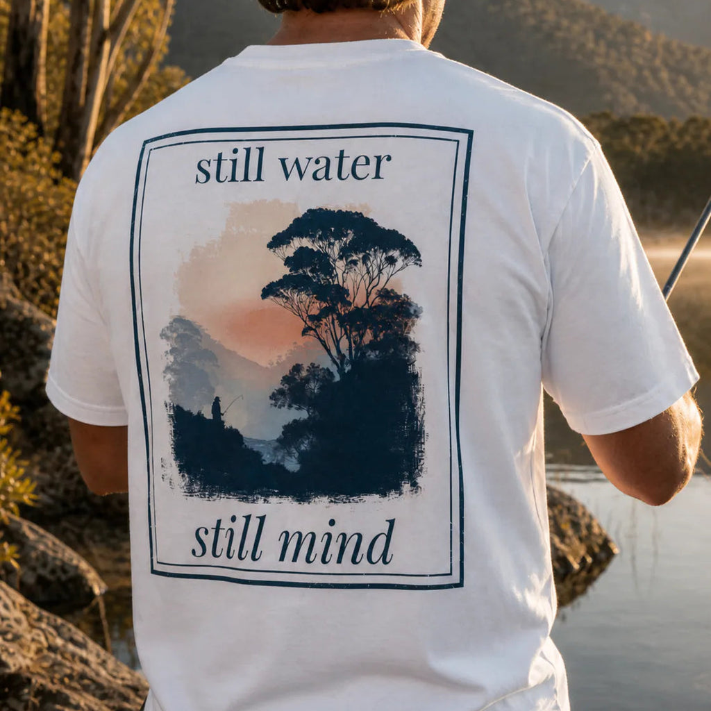 Organic T-shirt, white, back graphic "still water still mind" in frame