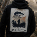 Black eco hoodie with large back graphic print, hood and front pocket