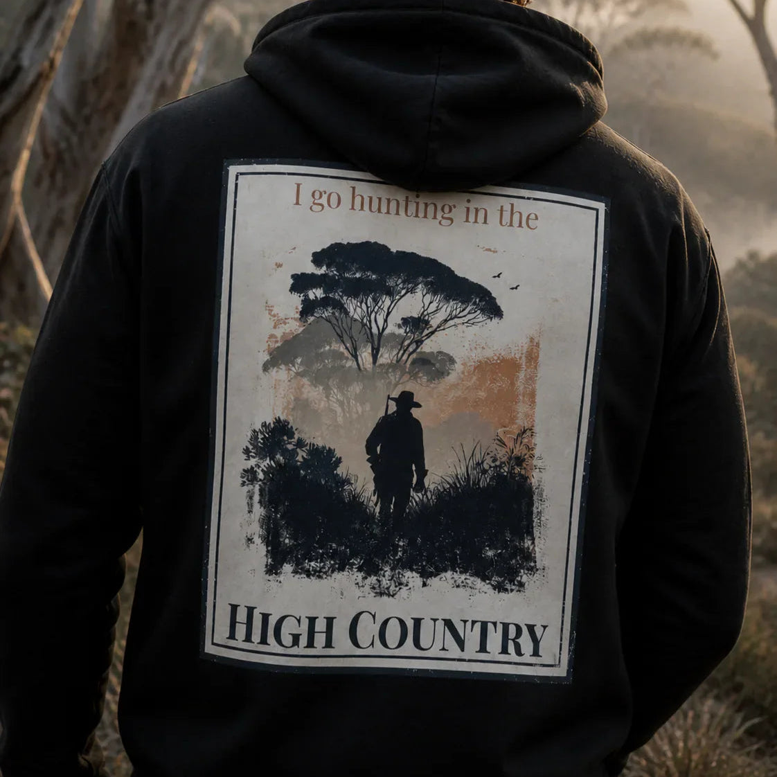 Black eco hoodie with large back graphic print, hood and front pocket