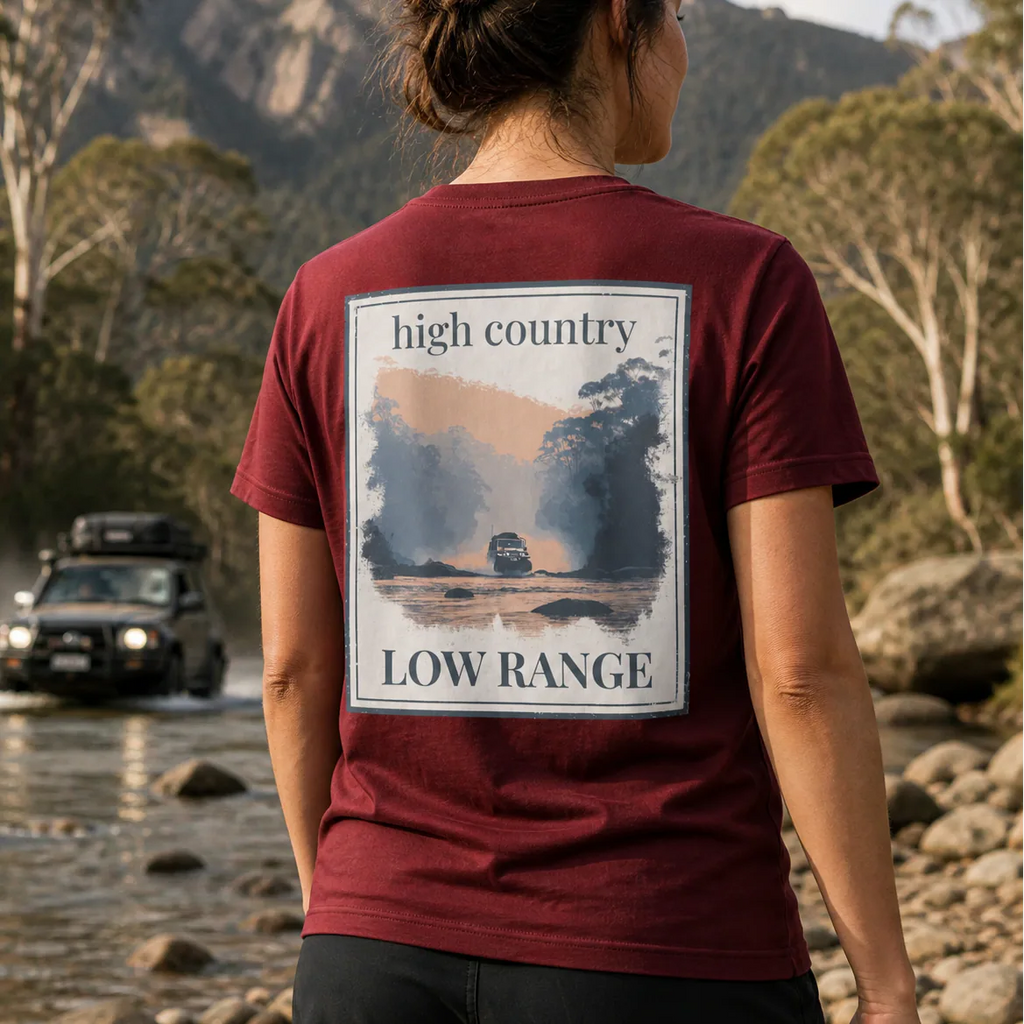 Organic Tee in Burgundy, back graphic print with “high country” and “LOW RANGE”