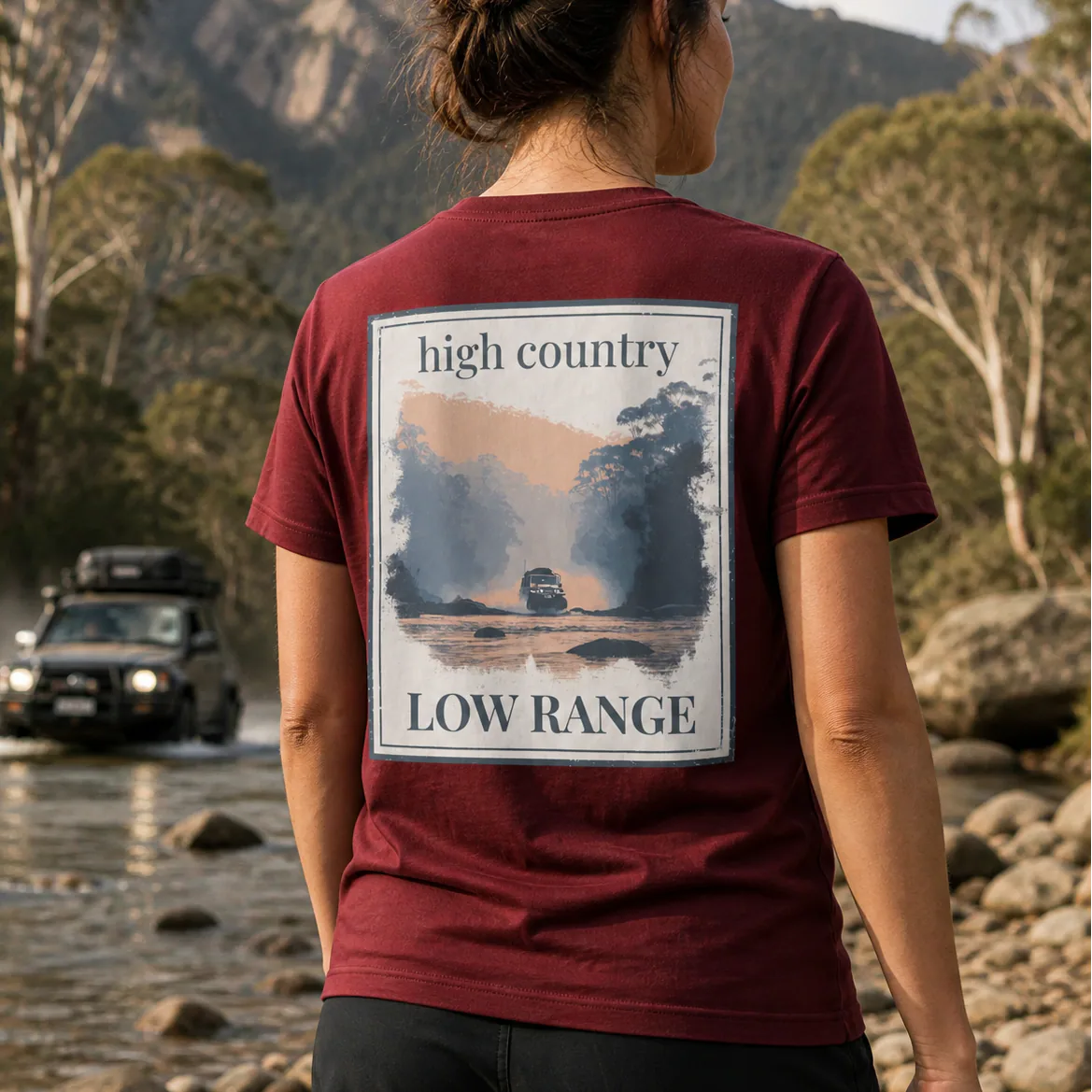 Organic Tee in Burgundy, back graphic print with “high country” and “LOW RANGE”