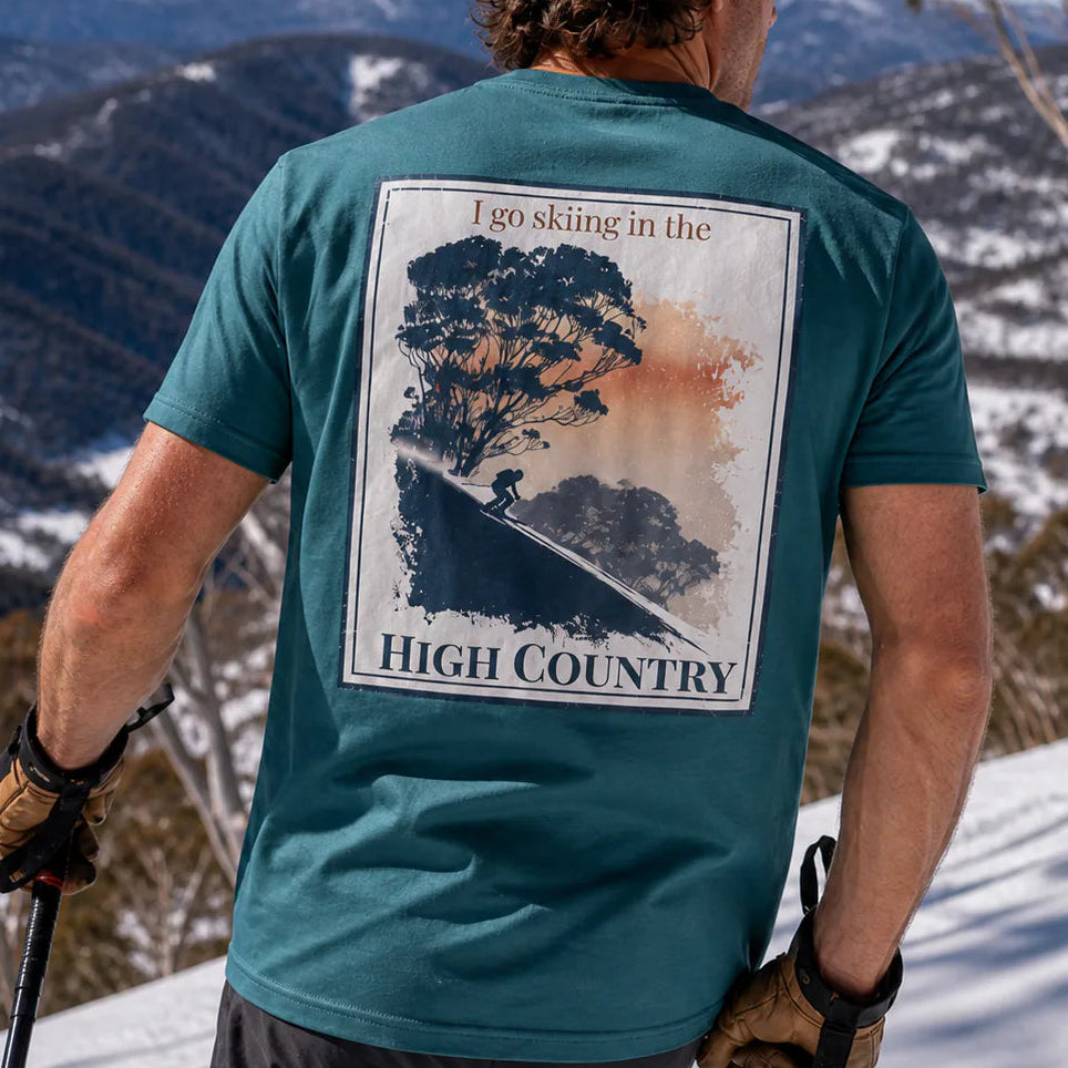 Organic Tee back graphic “I go skiing in the High Country”, teal