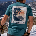 Organic Tee back graphic “I go skiing in the High Country”, teal