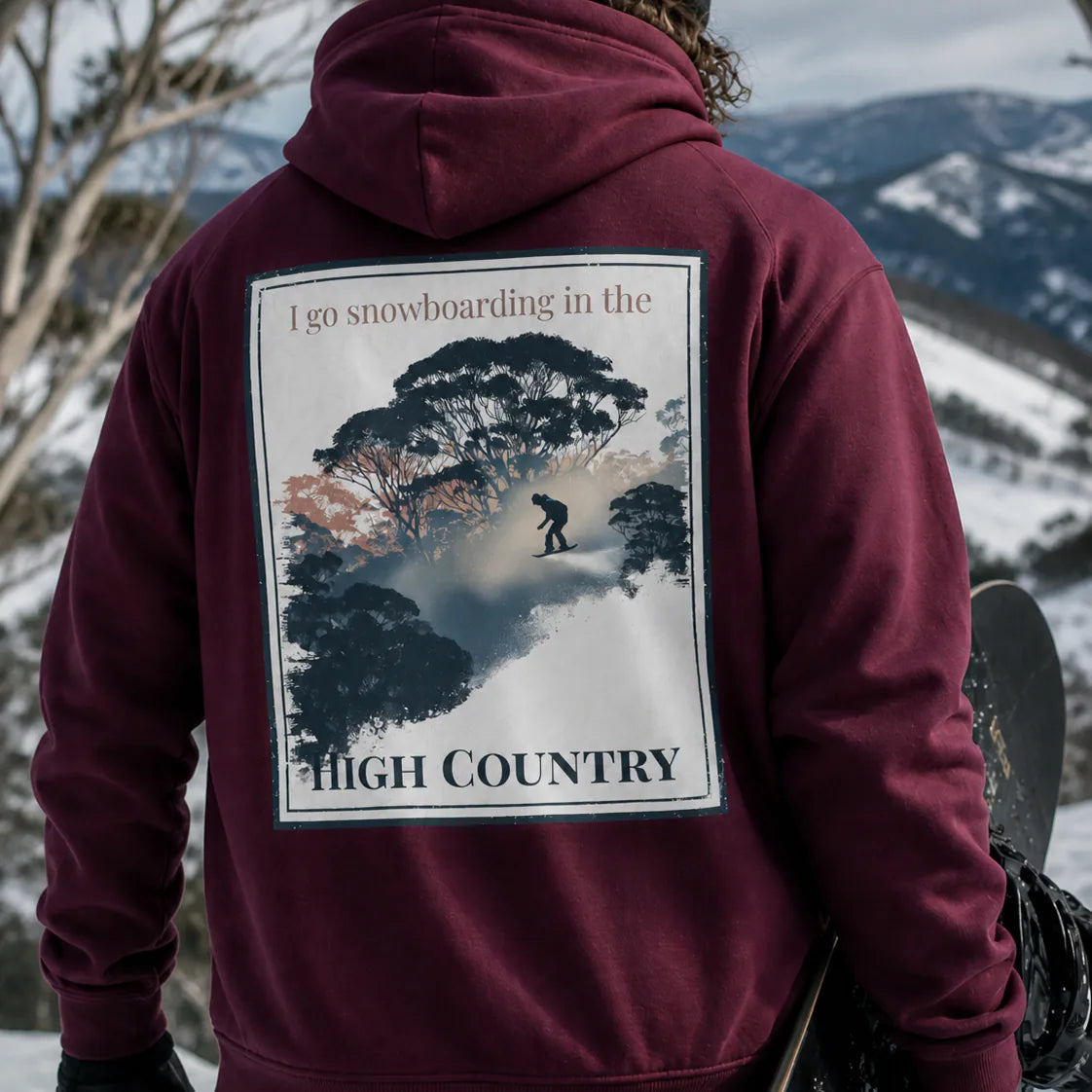 Burgundy eco hoodie with large back graphic and hood