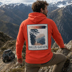 Orange eco hoodie with hood and large back graphic, featuring “BILLY GOATS” text