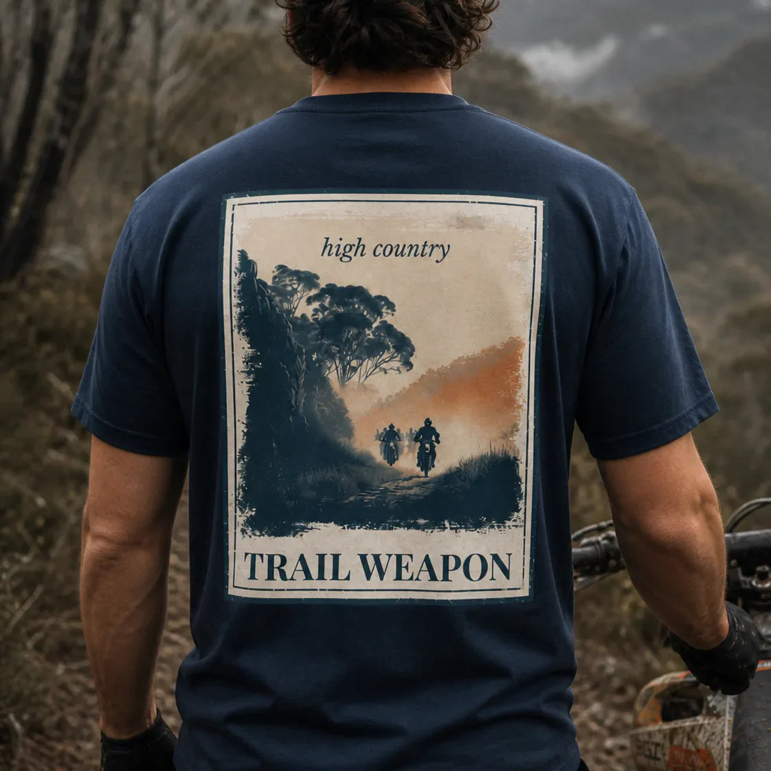 Organic Tee "Trail Weapon" back print, dark navy crew neck
