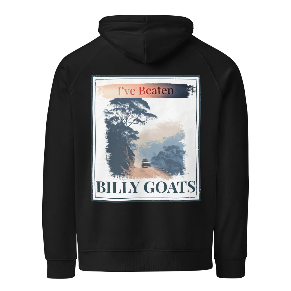 Black eco hoodie with hood and large back print reading “BILLY GOATS”