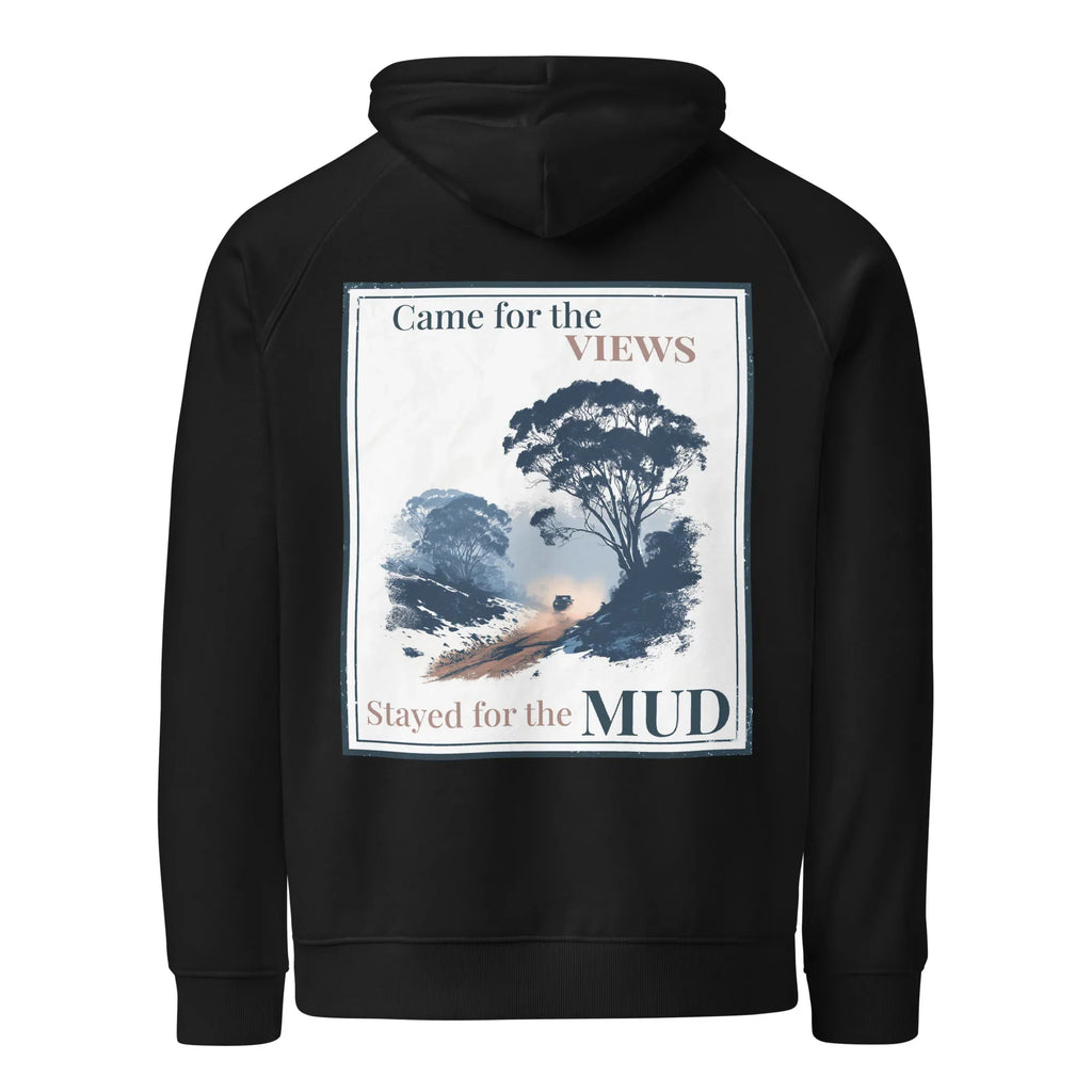 Black hoodie with back graphic panel print, hood, and kangaroo pocket