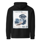Black hoodie with back graphic panel print, hood, and kangaroo pocket