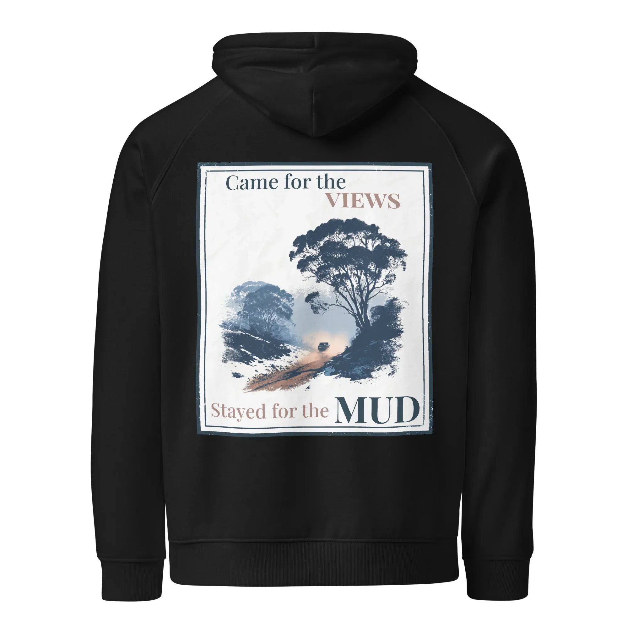 Black hoodie with back graphic panel print, hood, and kangaroo pocket