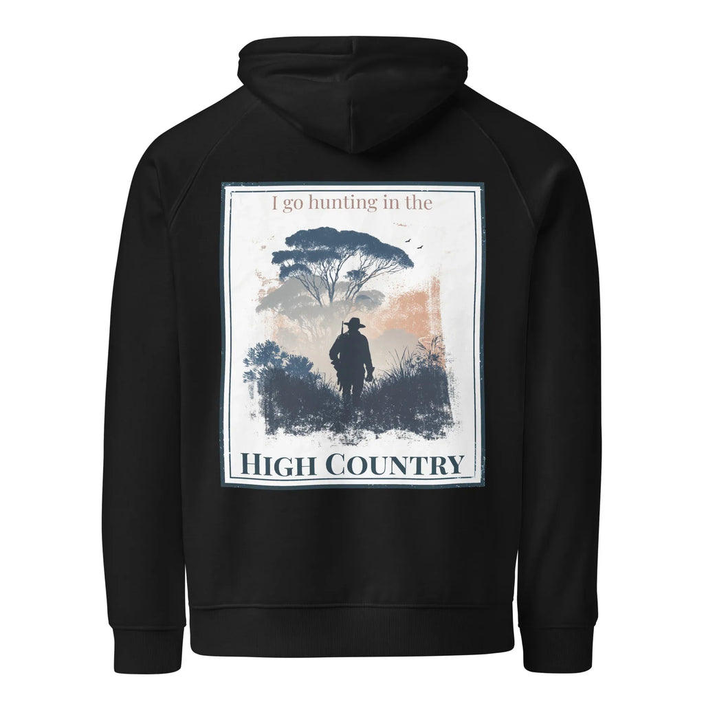 Black hoodie, back view with hood, front pocket, and square hunting-themed graphic