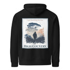 Black hoodie, back view with hood, front pocket, and square hunting-themed graphic