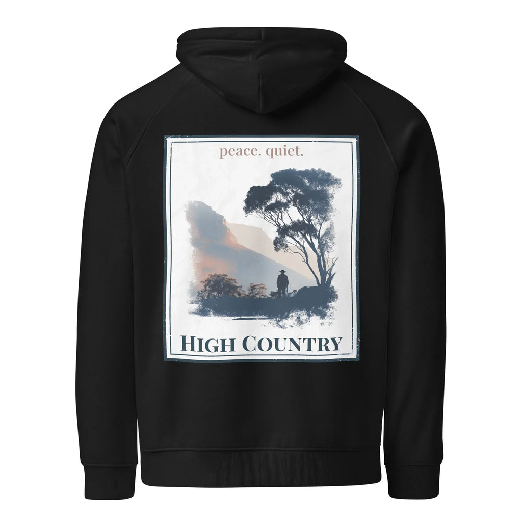 Black hoodie with back graphic print, hooded sweatshirt style, framed landscape artwork.