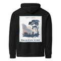Black hoodie with back graphic print, hooded sweatshirt style, framed landscape artwork.
