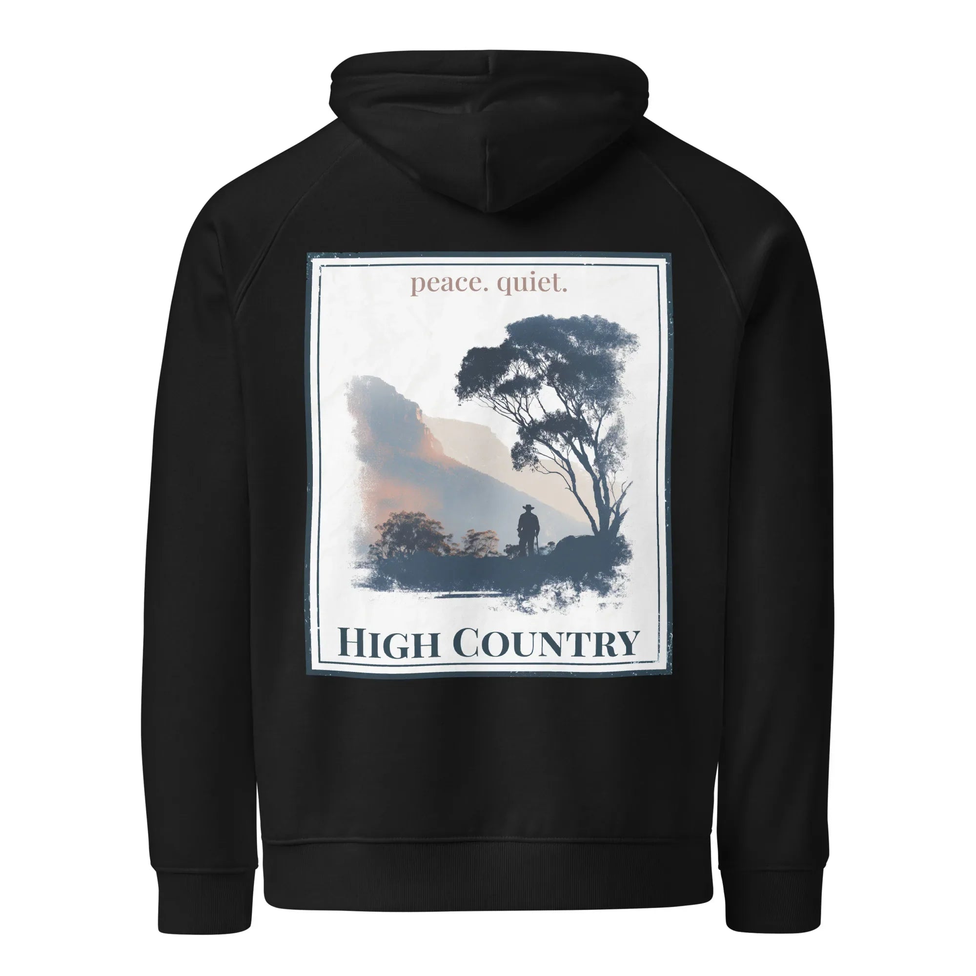 Black hoodie with back graphic print, hooded sweatshirt style, framed landscape artwork.