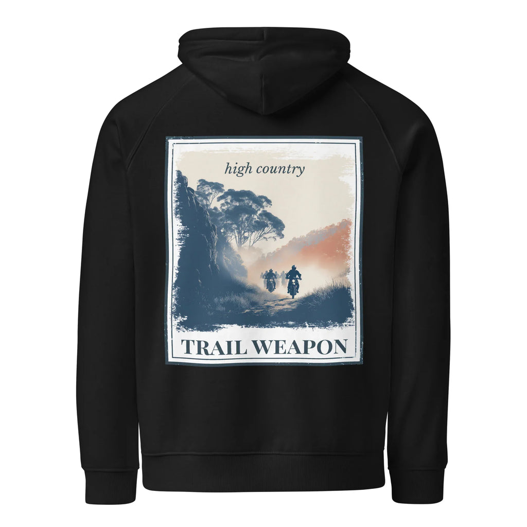 Eco hoodie in black with hood and kangaroo pocket, large framed back landscape graphic