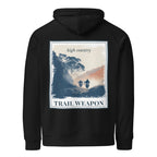 Eco hoodie in black with hood and kangaroo pocket, large framed back landscape graphic