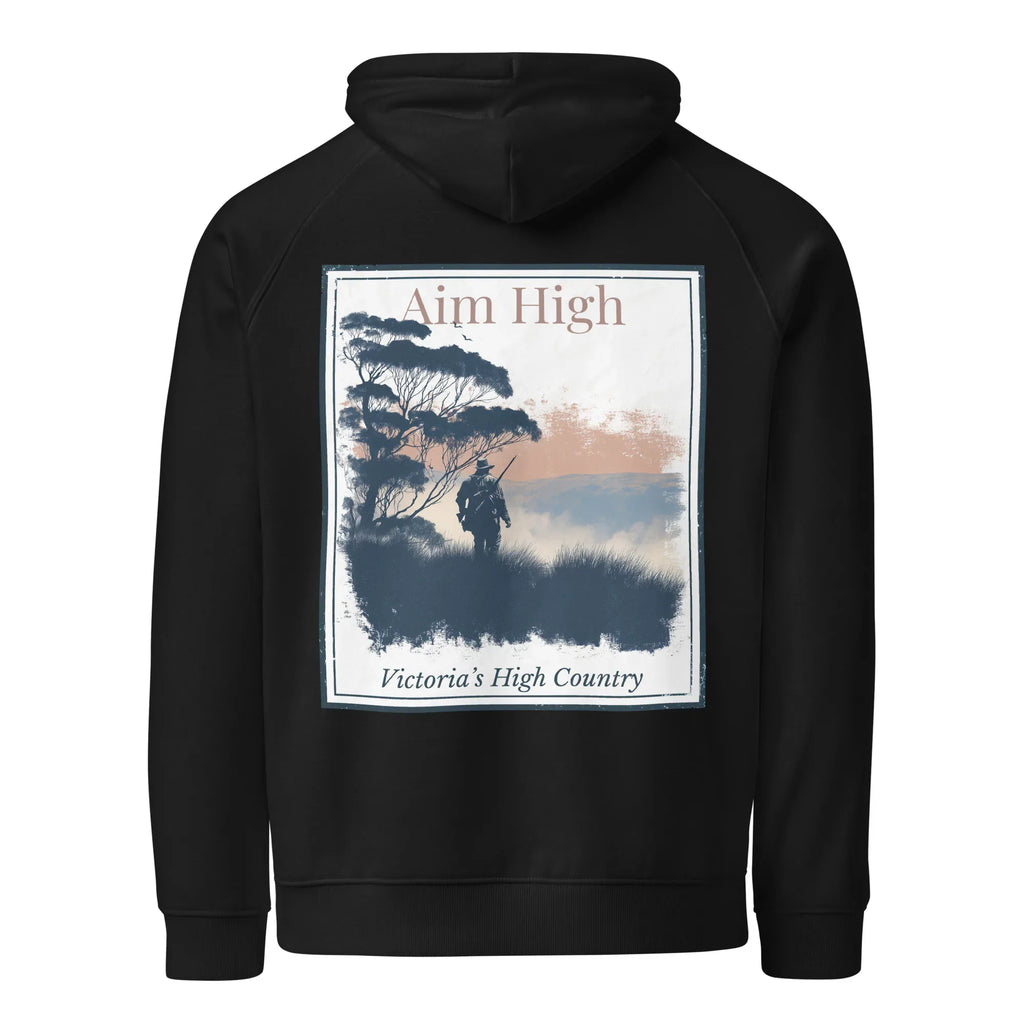 Black eco hoodie with large back graphic panel and drawstring hood