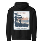 Black eco hoodie with large back graphic panel and drawstring hood