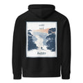 Black hoodie with square back scene graphic, drawstring hood, and kangaroo pocket