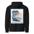 Black pullover hoodie with hood and front pocket, featuring a large back “High Country” print.