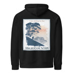 Black pullover hoodie with hood and front pocket, featuring a large back “High Country” print.