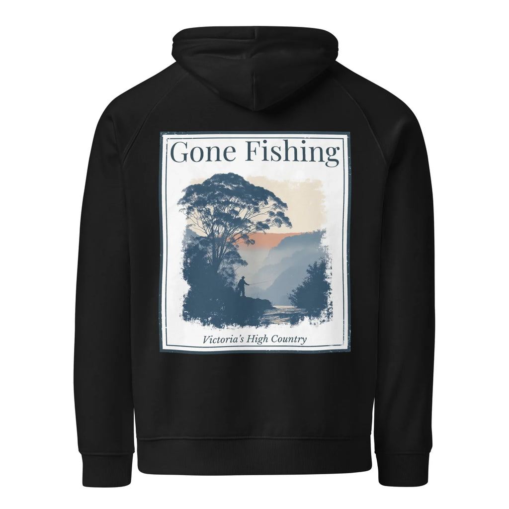 Eco hoodie in black with large back “Gone Fishing” print and drawstring hood.