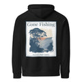 Eco hoodie in black with large back “Gone Fishing” print and drawstring hood.