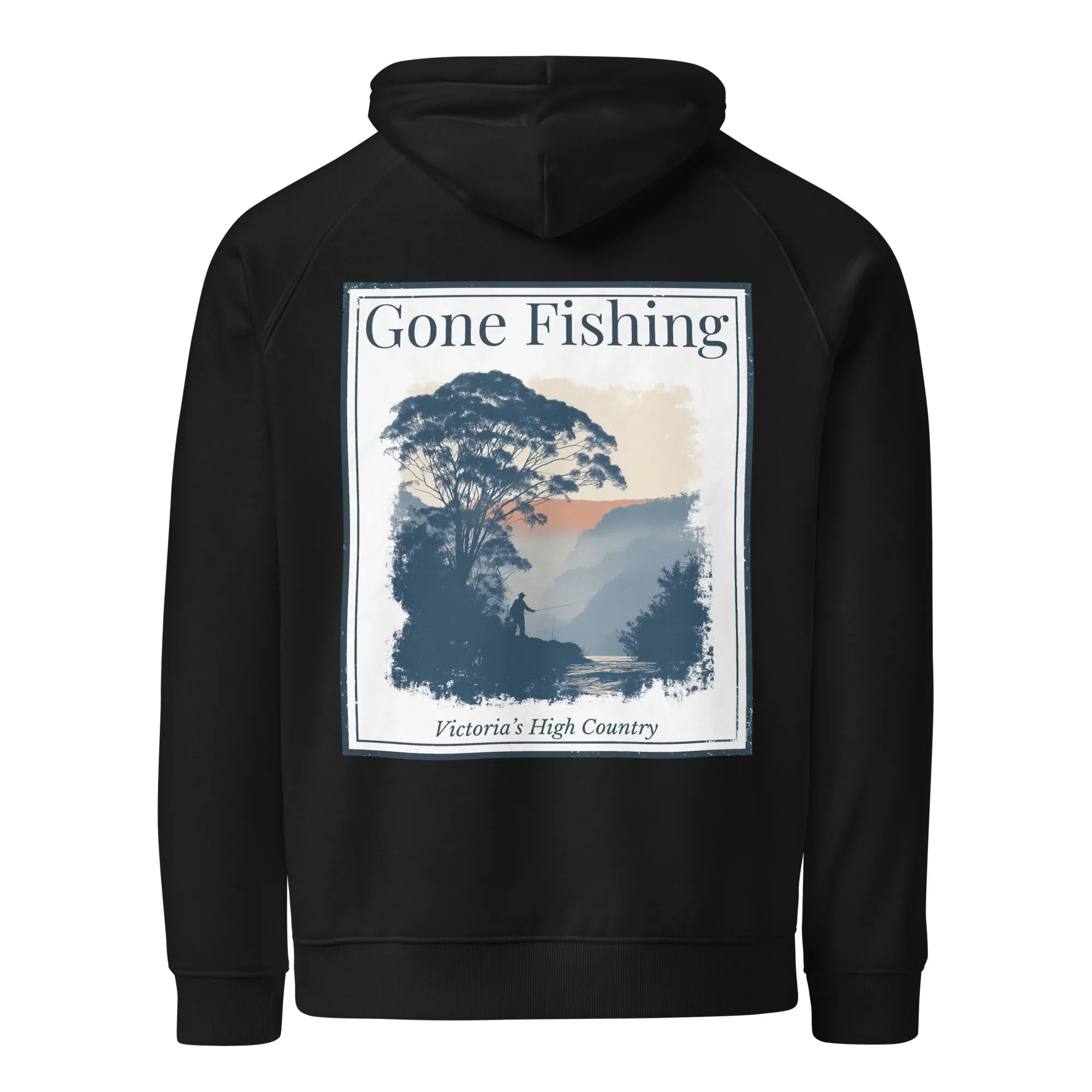 Eco hoodie in black with large back “Gone Fishing” print and drawstring hood.