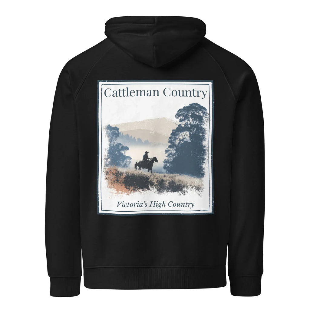 Black eco hoodie with large back graphic print, hood, and kangaroo pocket