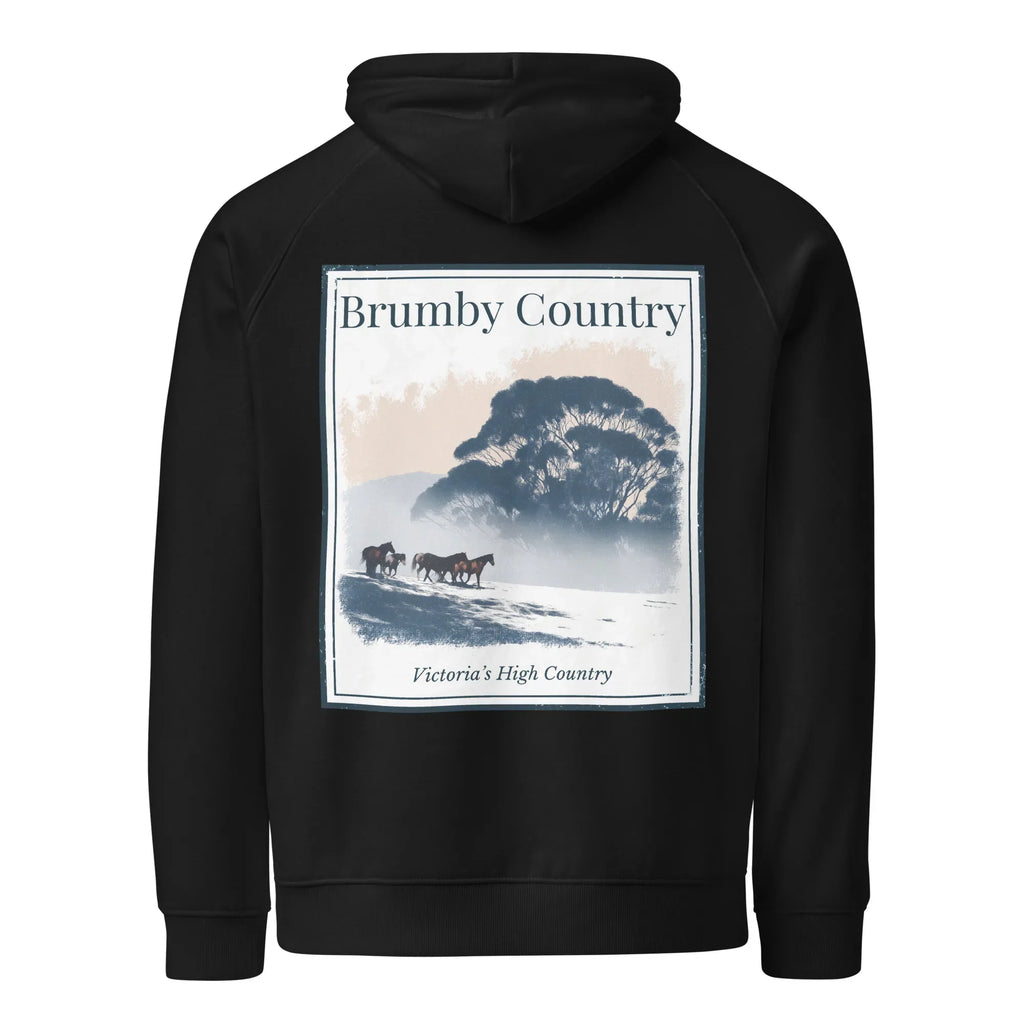 Black eco hoodie with centered back graphic print and Brumby Country text