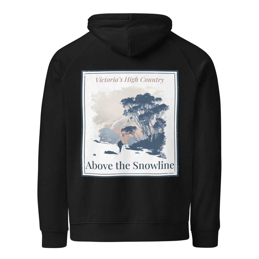 Eco hoodie, black, front graphic print square with trees and text 'Above the Snowline'
