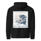 Eco hoodie, black, front graphic print square with trees and text 'Above the Snowline'