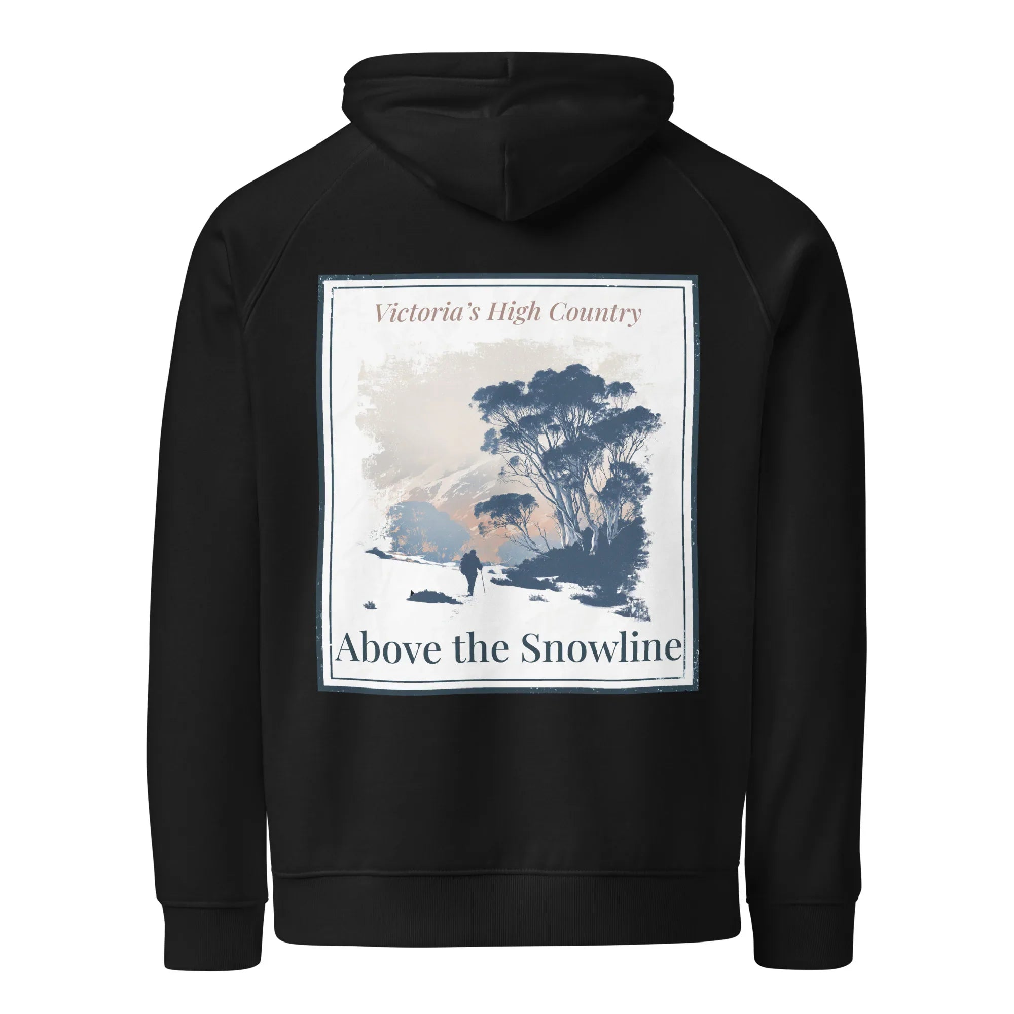 Eco hoodie, black, front graphic print square with trees and text 'Above the Snowline'