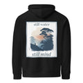 Black hoodie, back graphic print reading “still water” and “still mind”