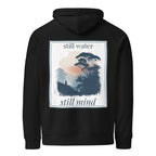 Black hoodie, back graphic print reading “still water” and “still mind”