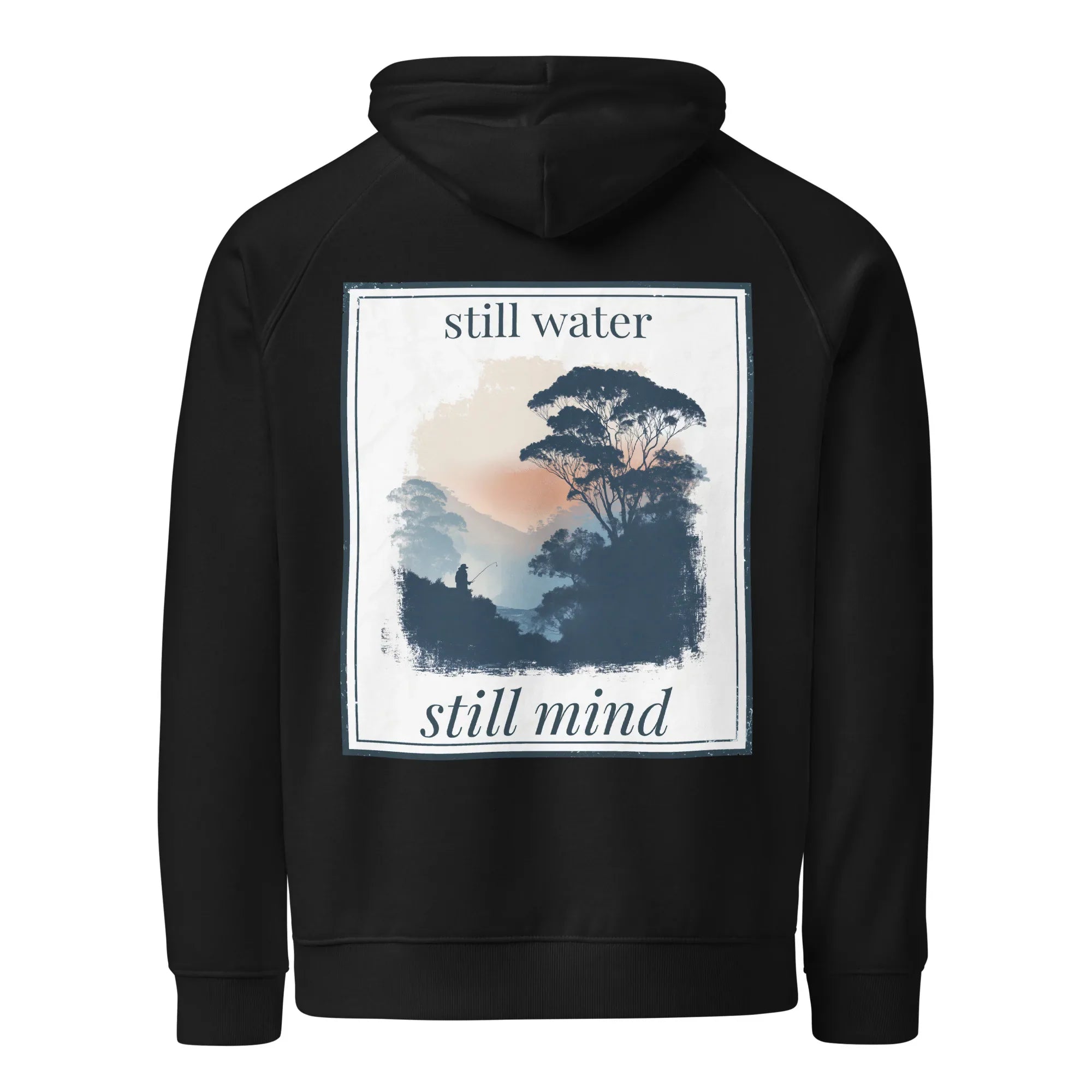 Black hoodie, back graphic print reading “still water” and “still mind”