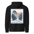 Eco hoodie, black, chest graphic with “I go kayaking in the” and “HIGH COUNTRY”