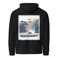 Black hoodie with back graphic print inside square: wet wild, DANGEROUS