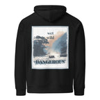 Black hoodie with back graphic print inside square: wet wild, DANGEROUS